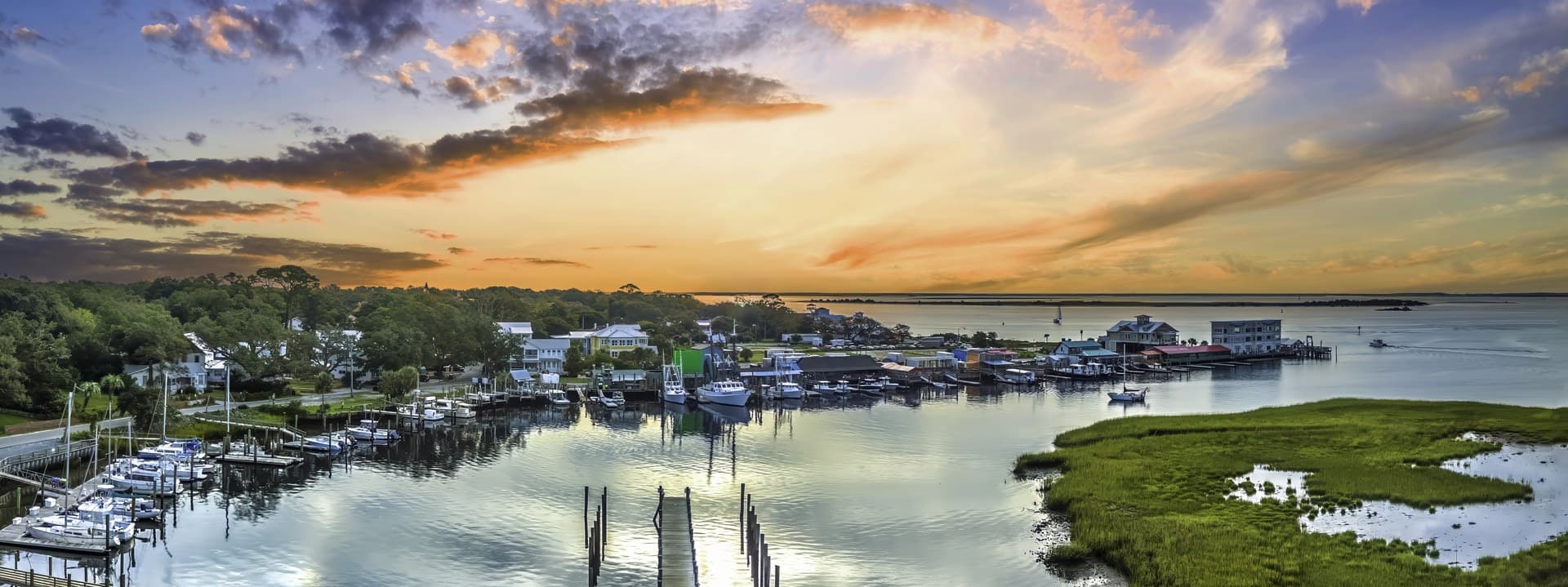 North Carolina coastal seaport at sunset