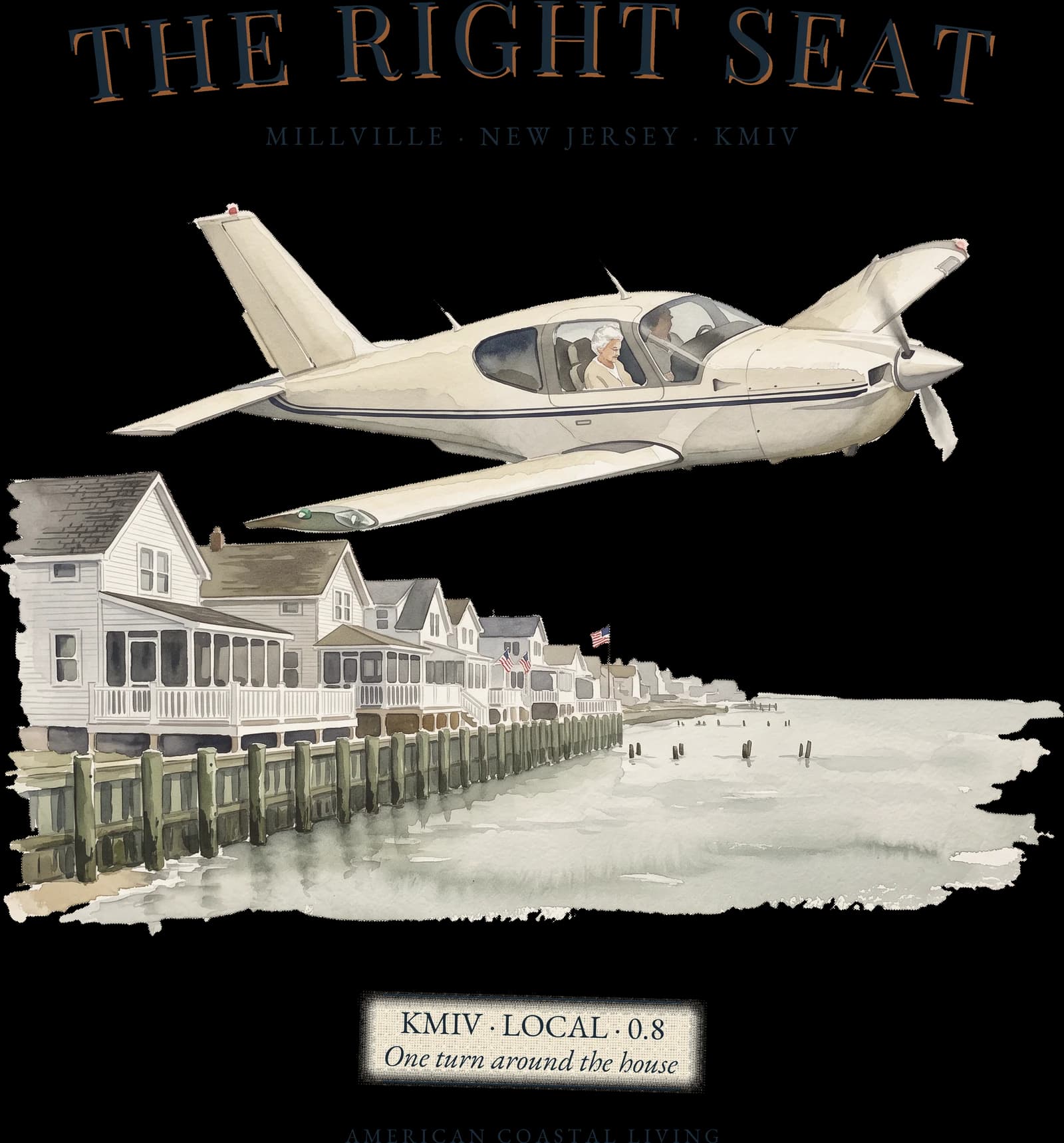 The Right Seat — a watercolour of a Trinidad flying low along a row of bayfront cottages, an older woman in the right seat
