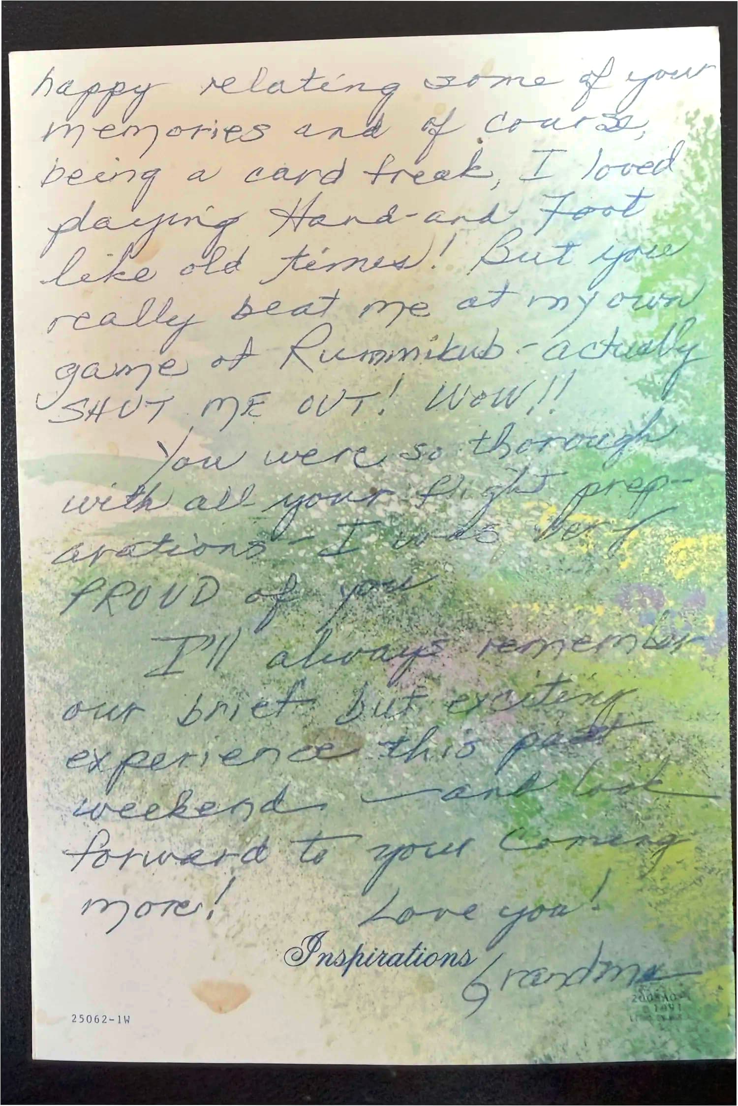 The back of the card, ending: I was very PROUD of you. Love you! Grandma