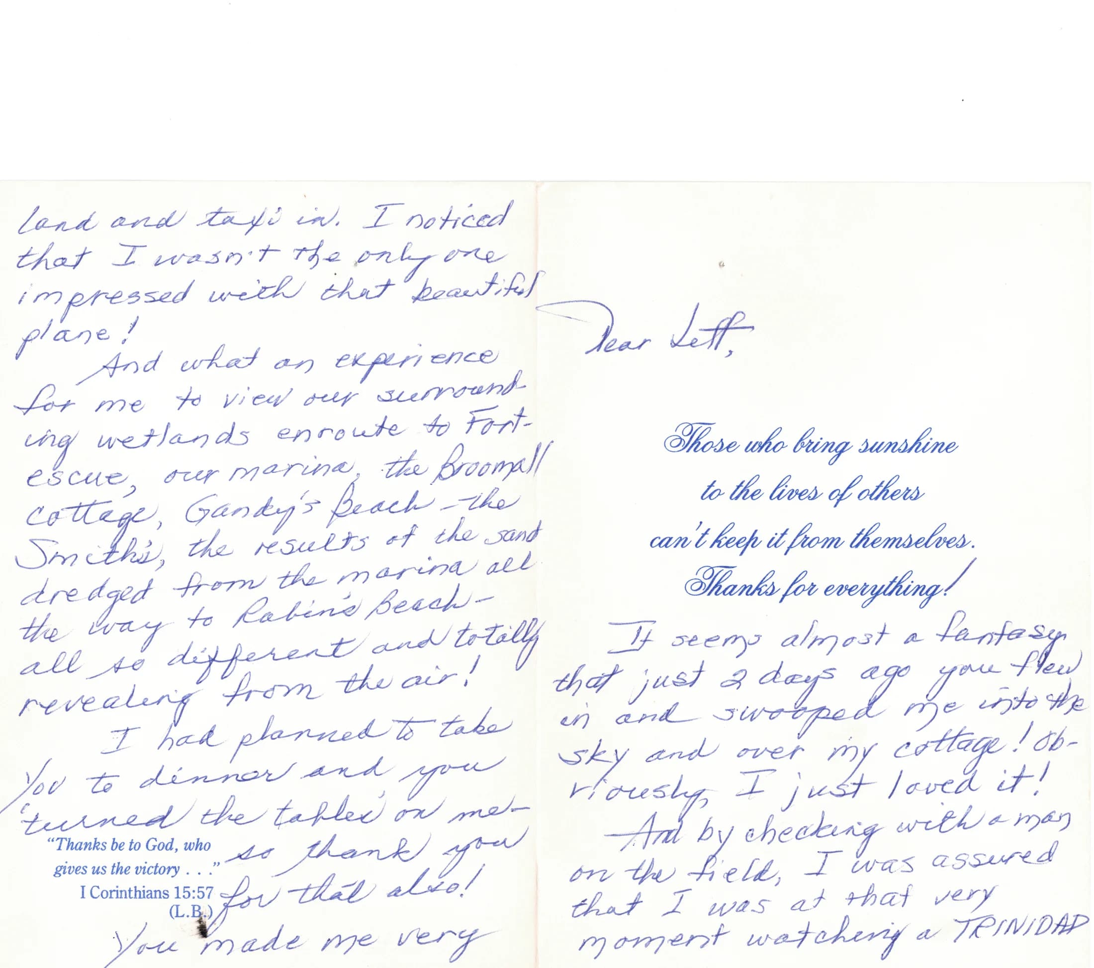 The inside of the thank-you card, both pages, written in longhand