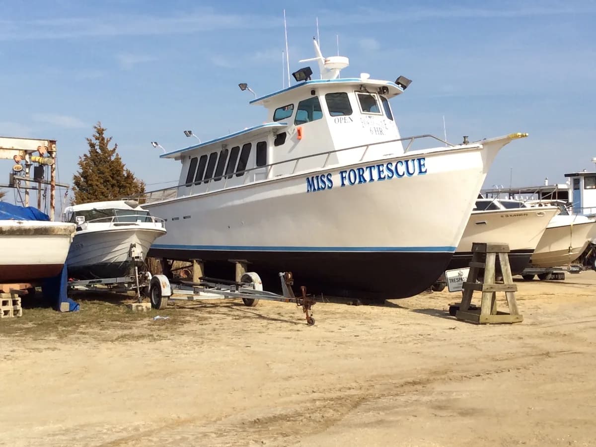 The party boat Miss Fortescue hauled out on blocks